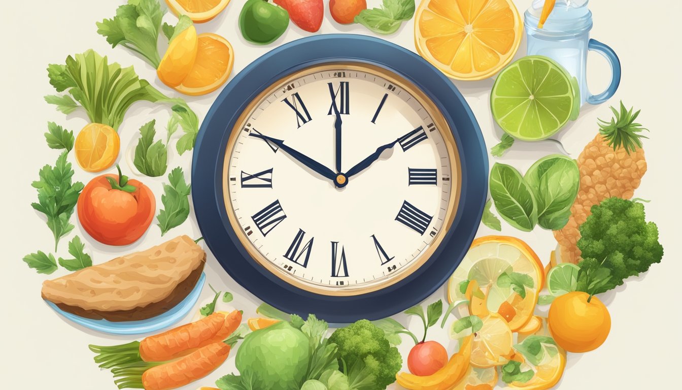 A clock showing 16 hours of fasting, surrounded by healthy food and water