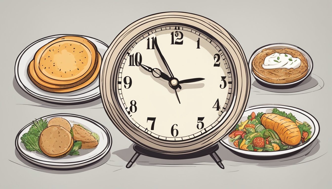 A clock showing different times and a plate of food with a line drawn through it