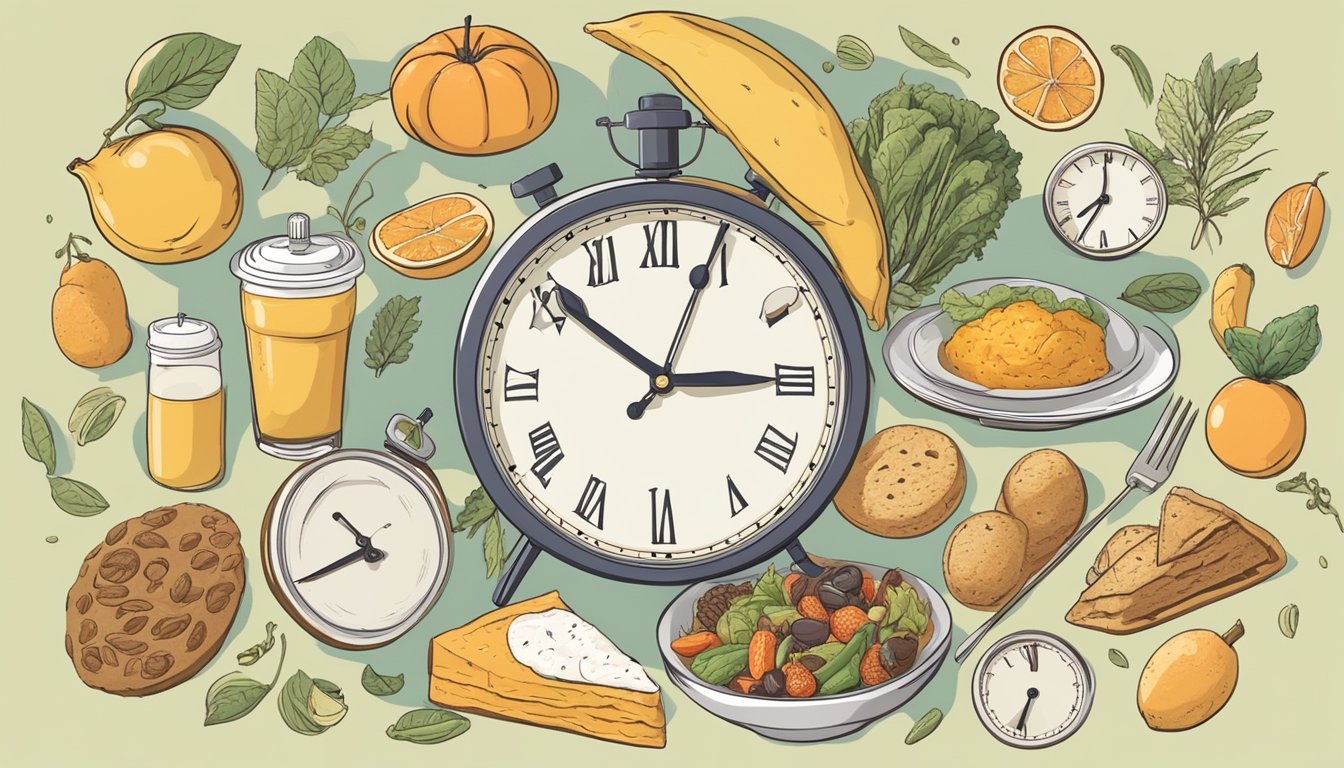 A clock surrounded by various types of food, indicating different time intervals for intermittent fasting