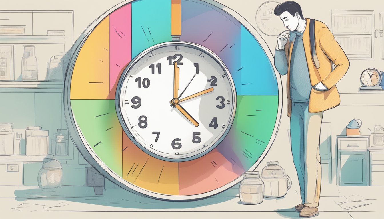 A clock showing 16 hours fasting, followed by 8 hours of eating. A person tracking their progress and adjusting their schedule accordingly