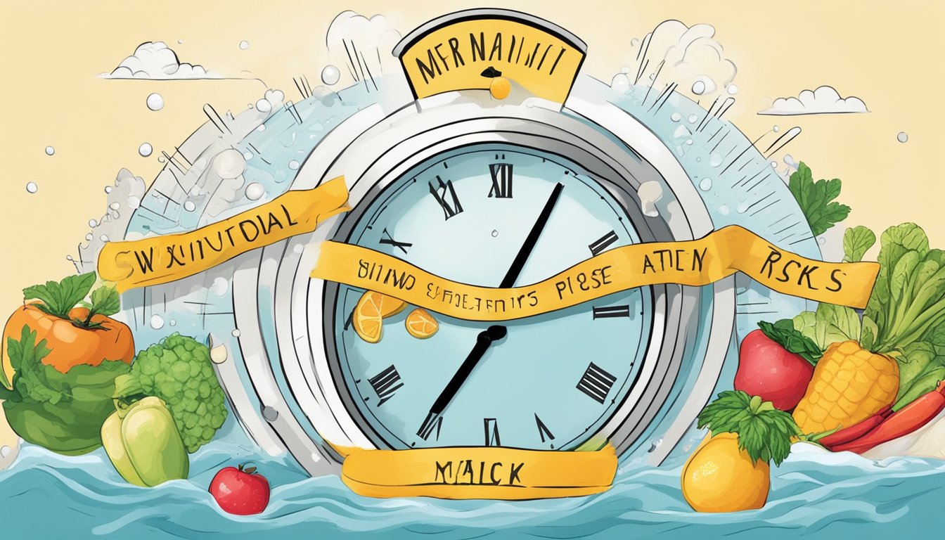 A clock showing different times of day, surrounded by healthy food and water, with a warning sign symbolizing potential risks