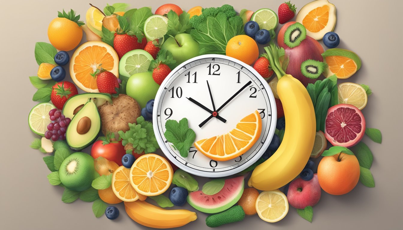 A clock showing 16 hours of fasting followed by 8 hours of eating, surrounded by healthy food options like fruits, vegetables, and lean proteins