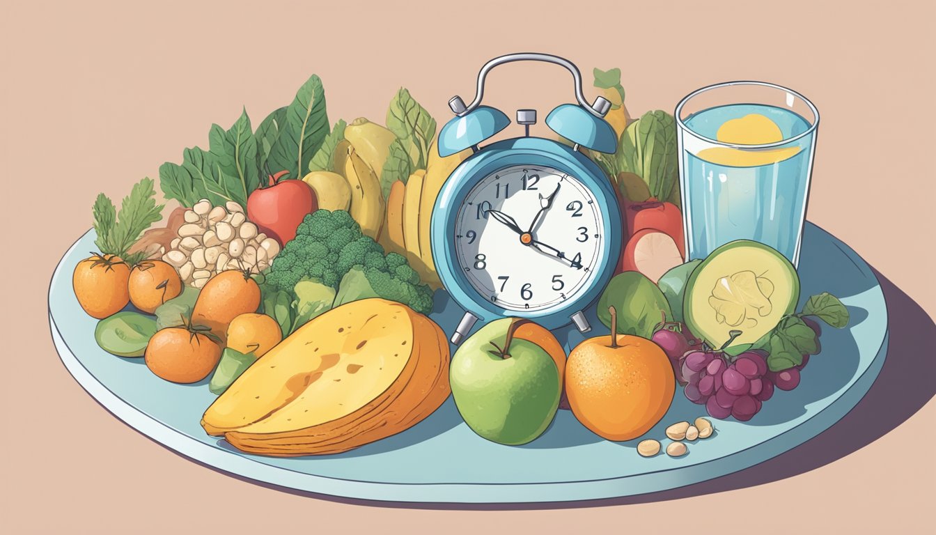 A clock showing the hours of intermittent fasting alongside a variety of nutrient-dense foods and a glass of water