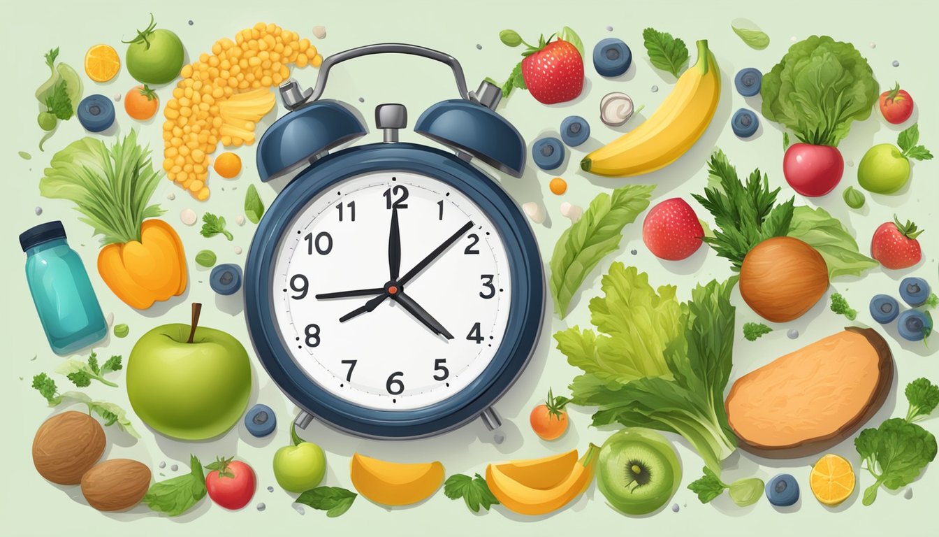 A clock surrounded by healthy food and exercise equipment