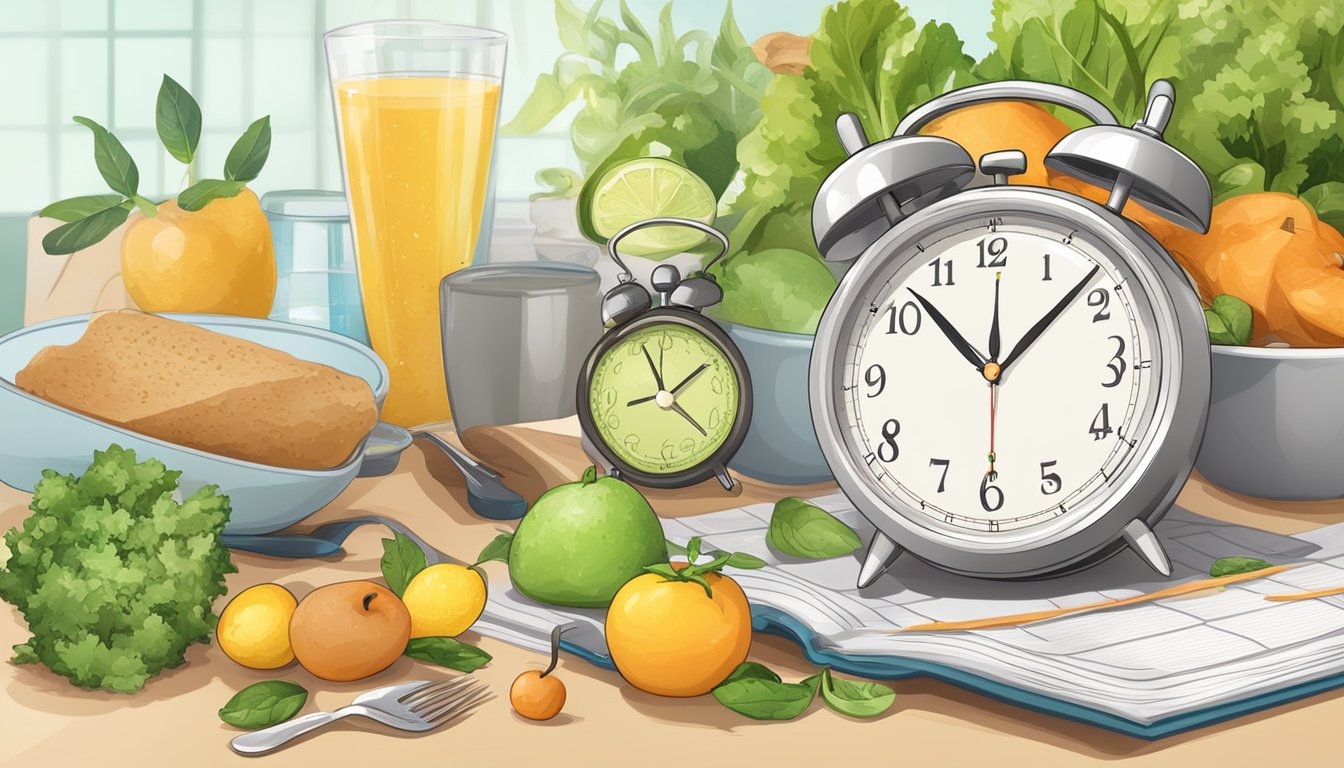 A clock with a timer set for fasting periods, surrounded by healthy food and water, with a calendar in the background