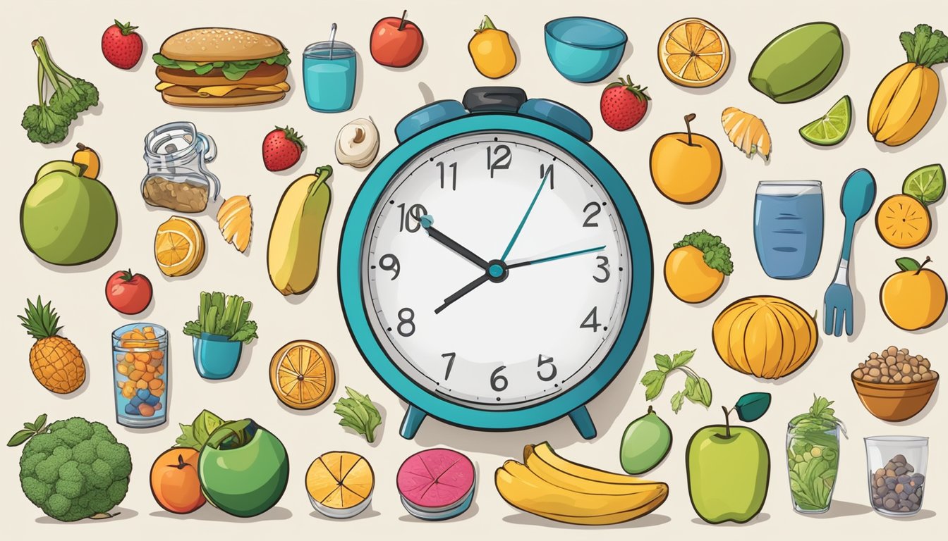 A clock showing 16 hours of fasting and 8 hours of eating, surrounded by images of healthy foods and exercise equipment