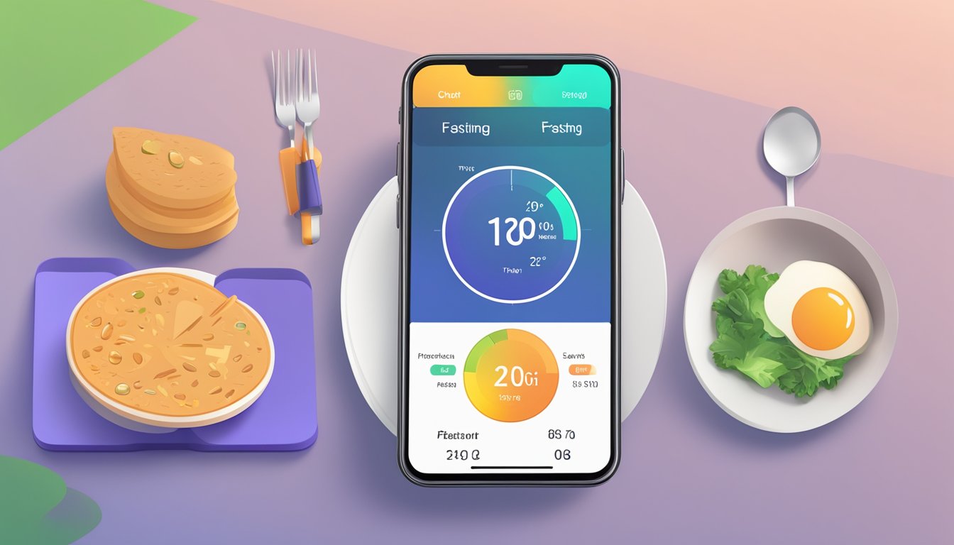 A smartphone displaying an intermittent fasting app with a timer and meal tracking features