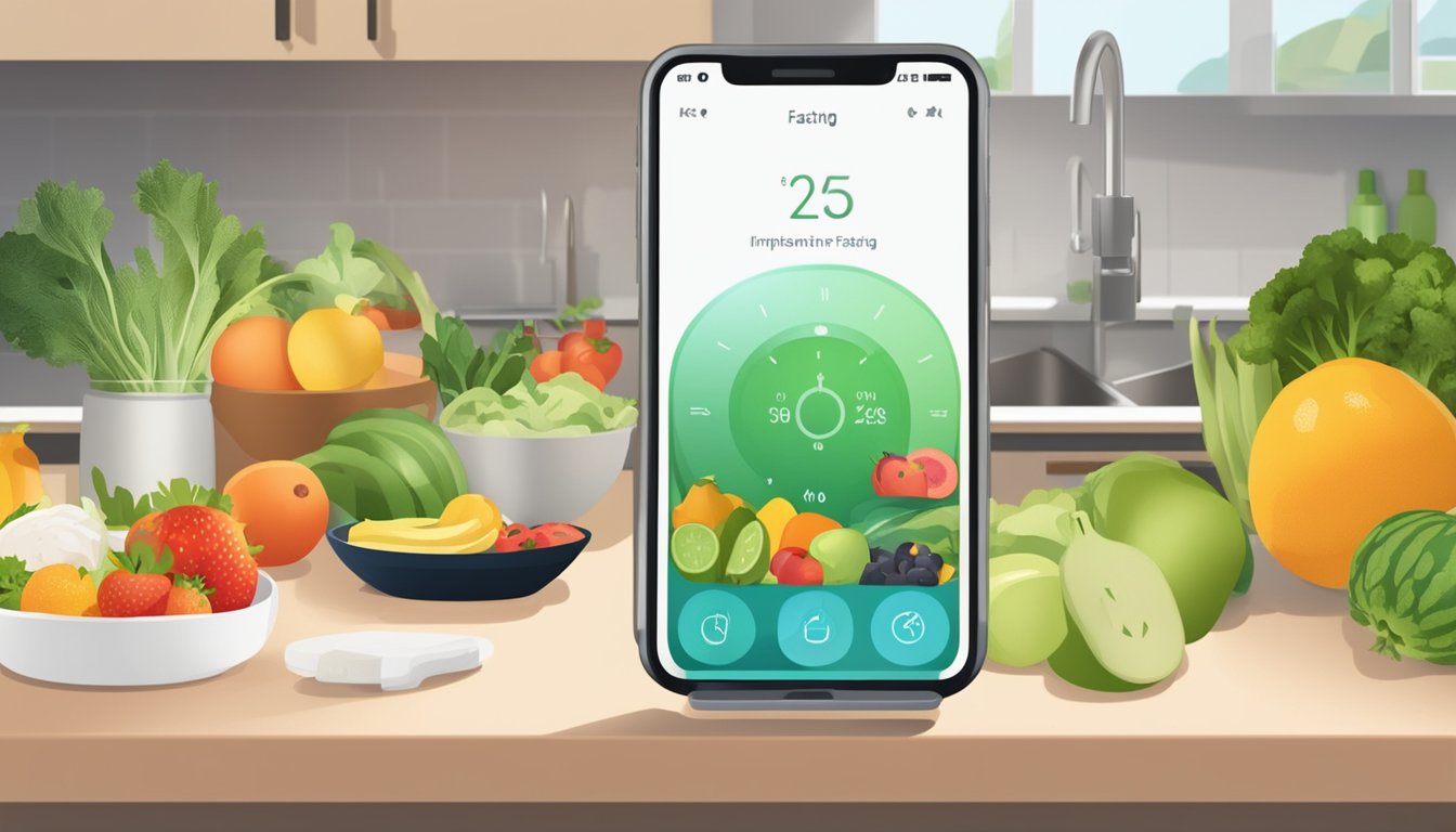 A smartphone displaying an intermittent fasting app on a kitchen counter, surrounded by fresh fruits, vegetables, and a glass of water