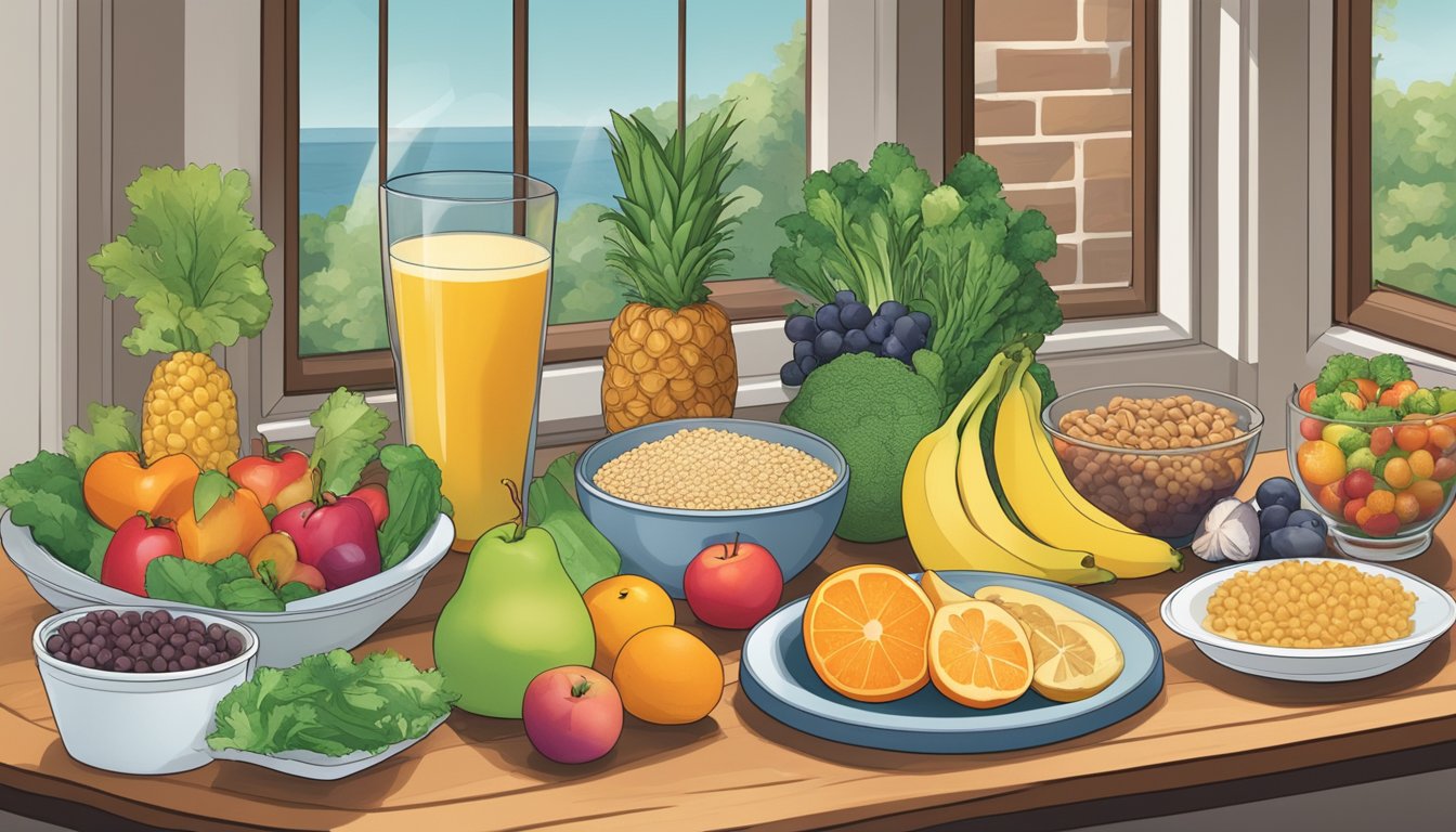 A table displaying a variety of nutrient-dense foods, including fruits, vegetables, lean proteins, and whole grains, with a clock in the background indicating the fasting and eating windows