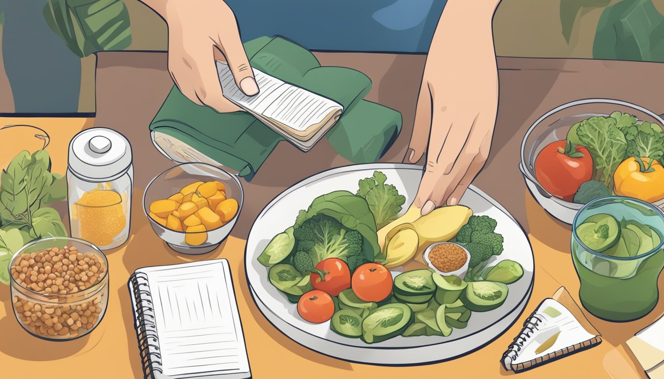 A person preparing a balanced meal with a variety of nutrient-rich foods, surrounded by a journal and water bottle