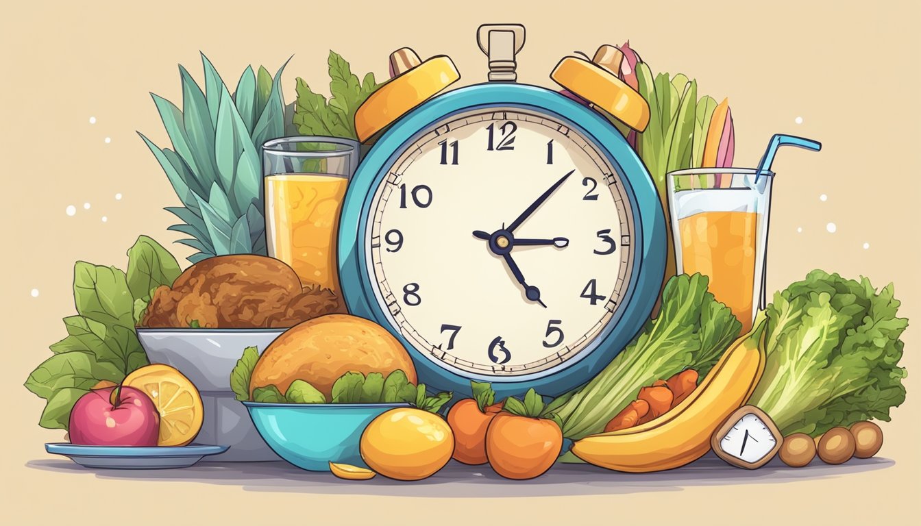 A clock showing 6 hours of eating and 18 hours of fasting, surrounded by healthy food and a glass of water