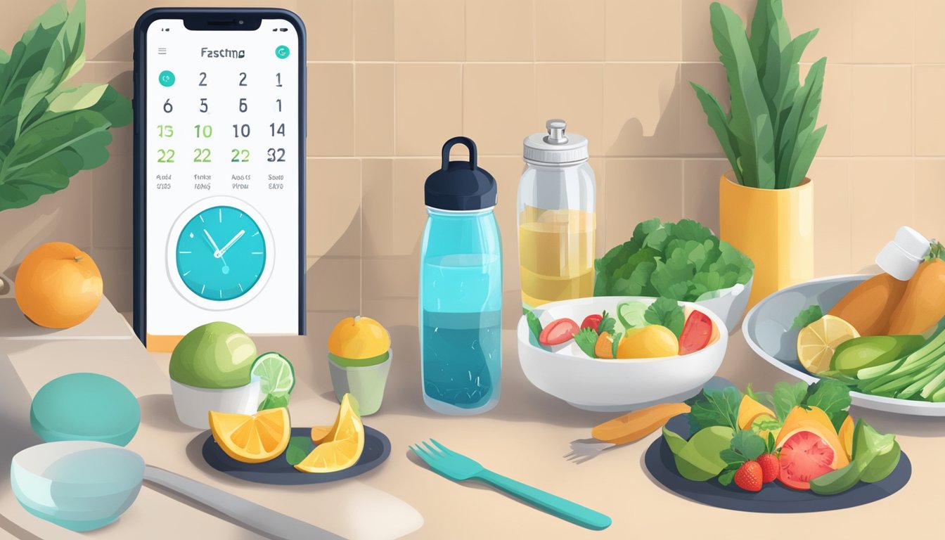 A clock on a kitchen counter, with an open app displaying a fasting schedule, surrounded by healthy food and a water bottle