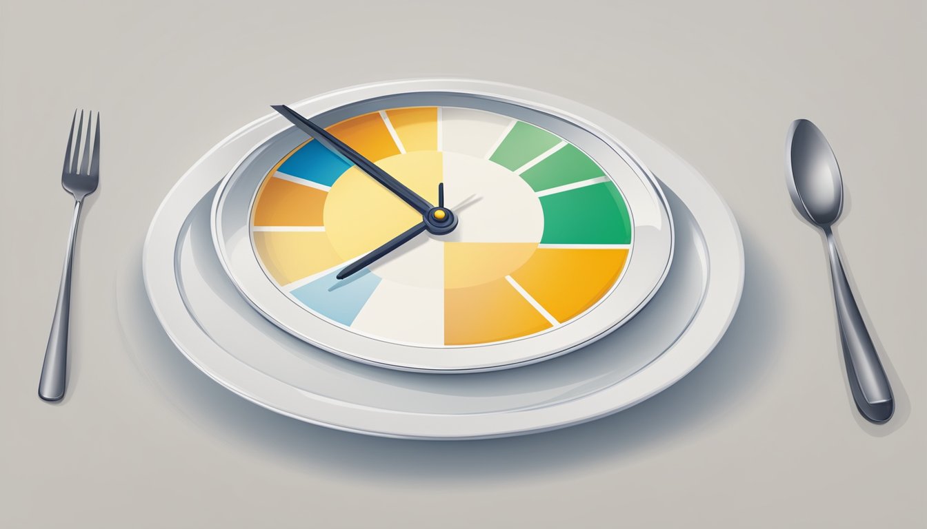 A clock showing different times of day with an empty plate and a full plate next to it