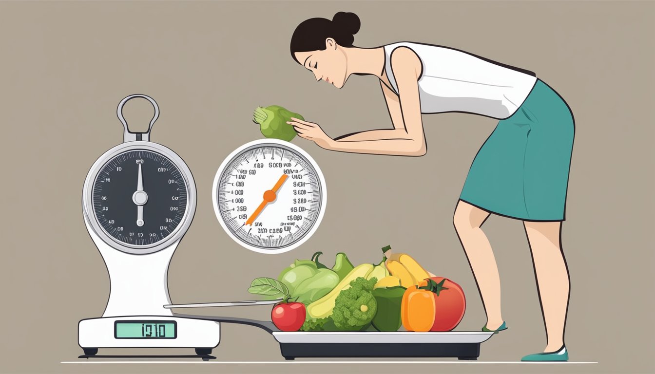 A woman measuring out portions of healthy food on a kitchen scale