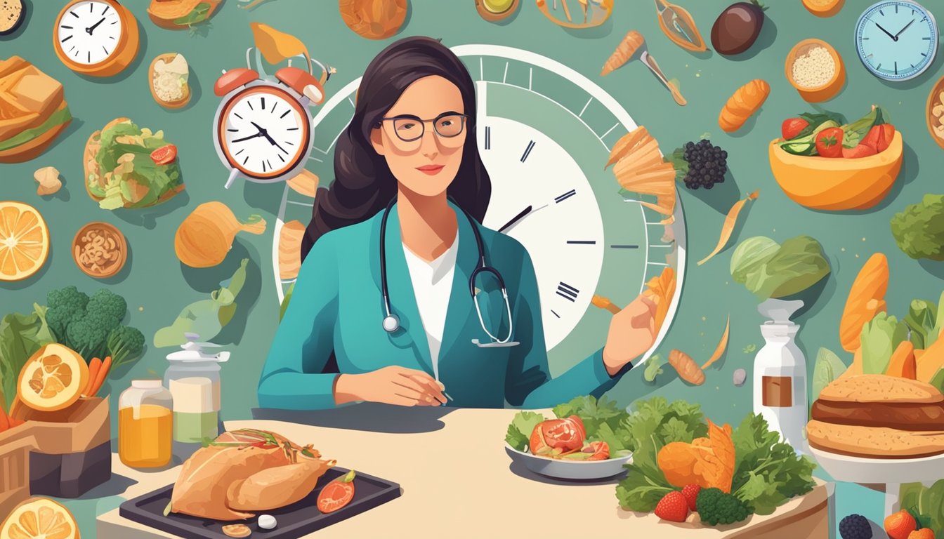 A woman surrounded by various food items, a clock showing different times, and a doctor's consultation