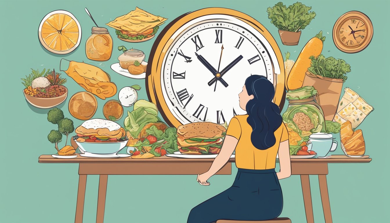 A woman adjusting her eating schedule, surrounded by various food options and a clock