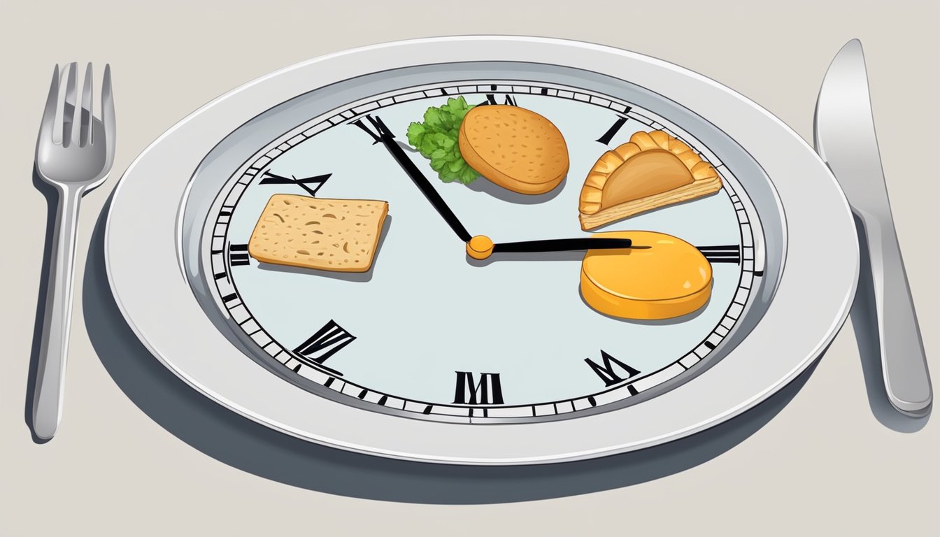 A clock showing different times throughout the day, with an empty plate and food items next to it, symbolizing the concept of intermittent fasting