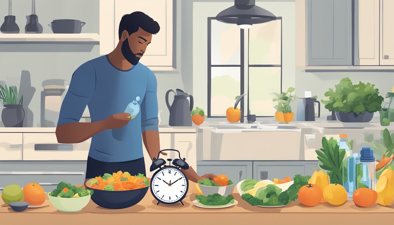 A person preparing a healthy meal while a clock shows the time for intermittent fasting. A person is also shown exercising with a water bottle nearby