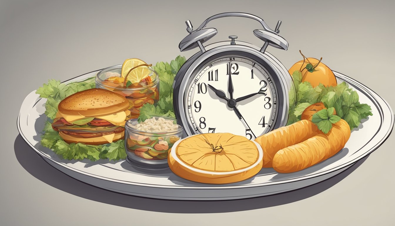 A clock showing the passage of time with a plate of food untouched for several hours