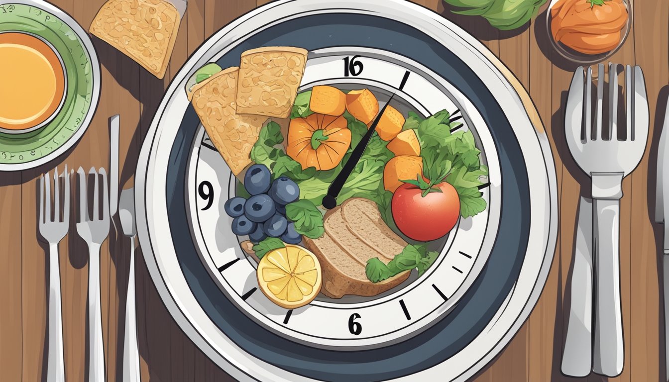 A clock beside a plate of food, with a 16-hour fasting window marked. A variety of healthy, whole foods surrounding the plate