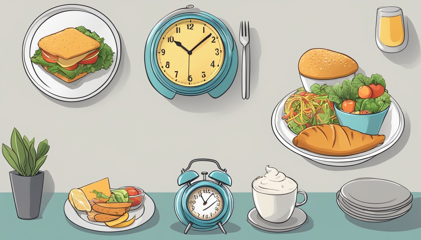 A clock showing different times throughout the day, with a plate of food next to it, symbolizing the concept of intermittent fasting