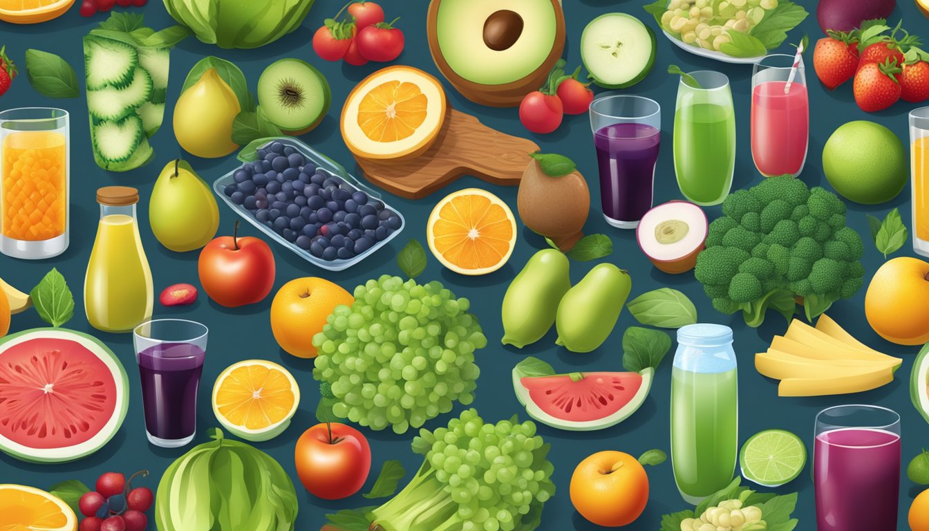 A table filled with various healthy foods and drinks, including fruits, vegetables, lean proteins, and water, arranged in a balanced and appealing manner