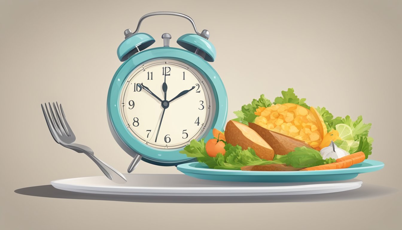 A clock with a plate of food on one side and an empty plate on the other, symbolizing the concept of intermittent fasting