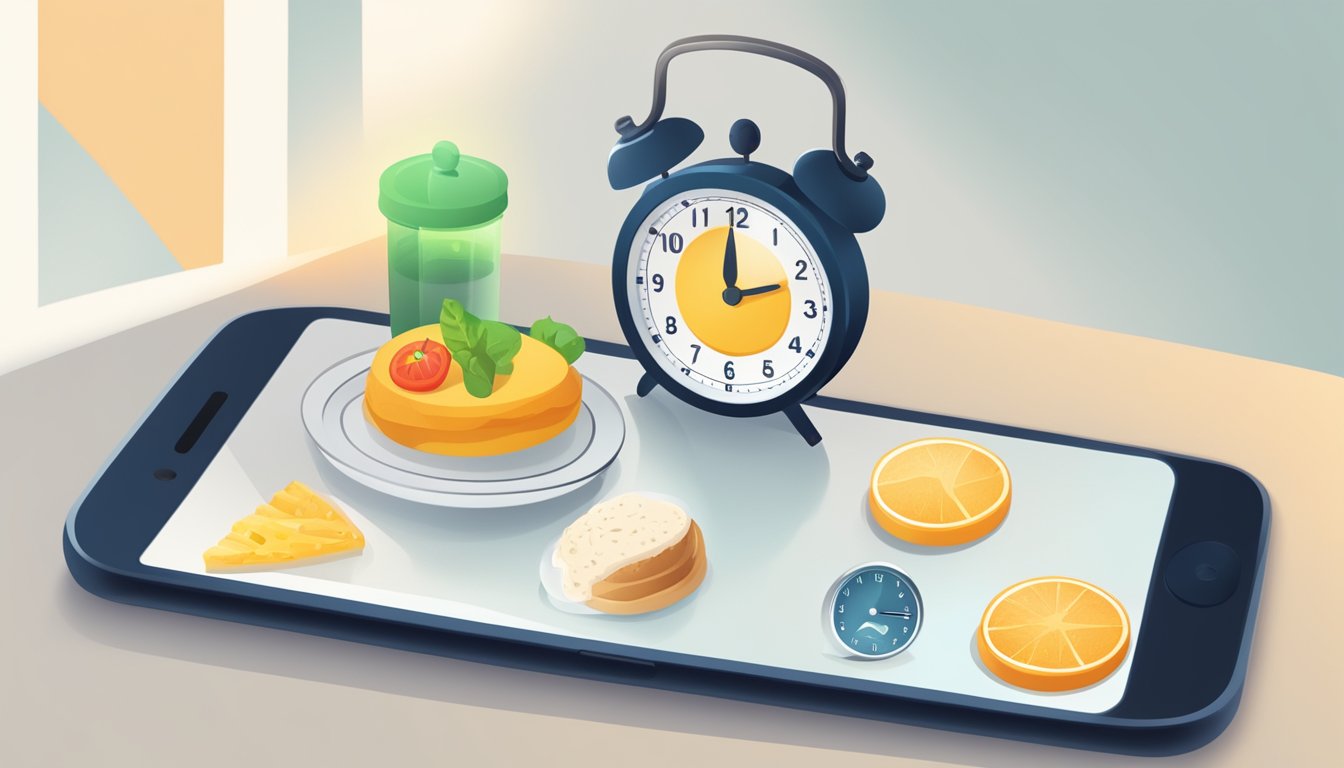 A smartphone displaying an intermittent fasting app with a clock icon and a plate of food, surrounded by a halo of light