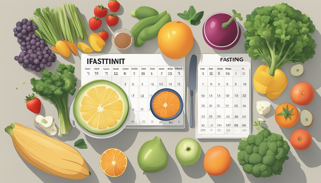 A kitchen counter with a variety of healthy foods, including fruits, vegetables, and lean proteins, alongside a calendar indicating intermittent fasting schedule