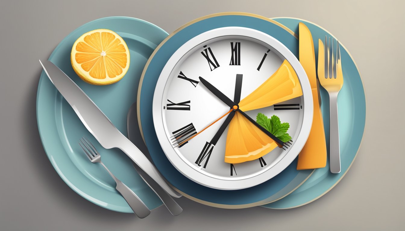 A clock with a fork and knife, surrounded by empty and full plates, symbolizing the challenges and rewards of intermittent fasting