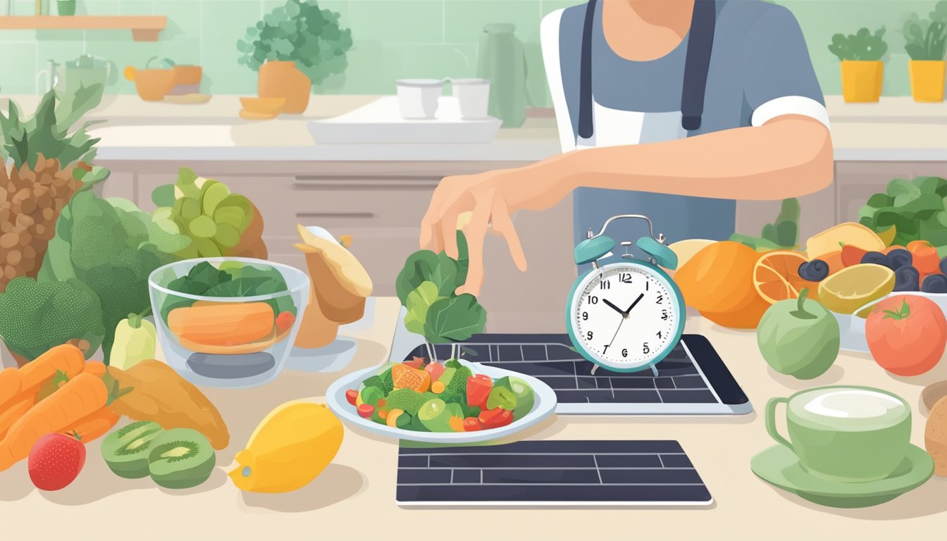 A person's hand reaching for a clock on a kitchen counter, surrounded by various healthy food items and a smartphone displaying an intermittent fasting app