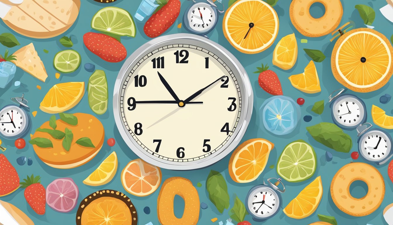 A clock showing different times of day with food and drink items appearing and disappearing in a repetitive pattern