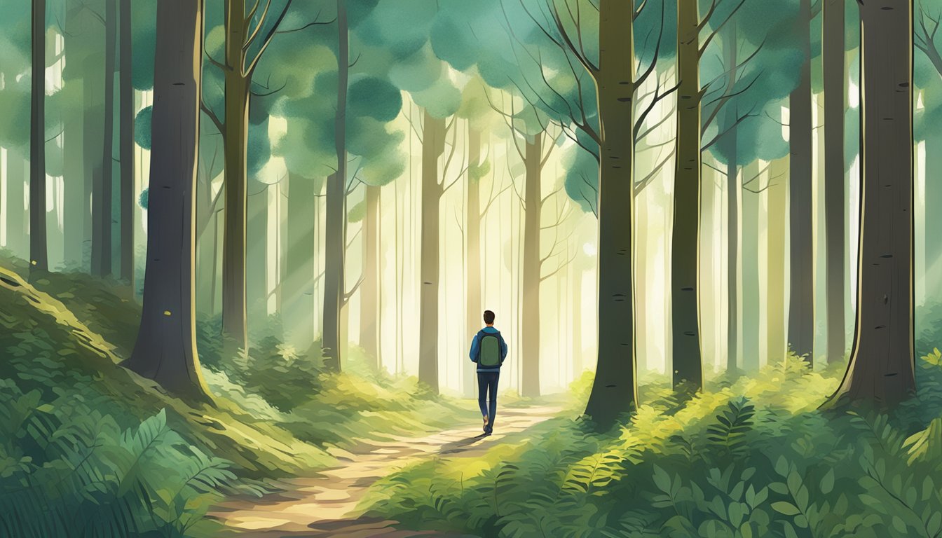 A serene forest with a dappled sunlight filtering through the trees, highlighting a small clearing where a person is tracking their progress on a digital device