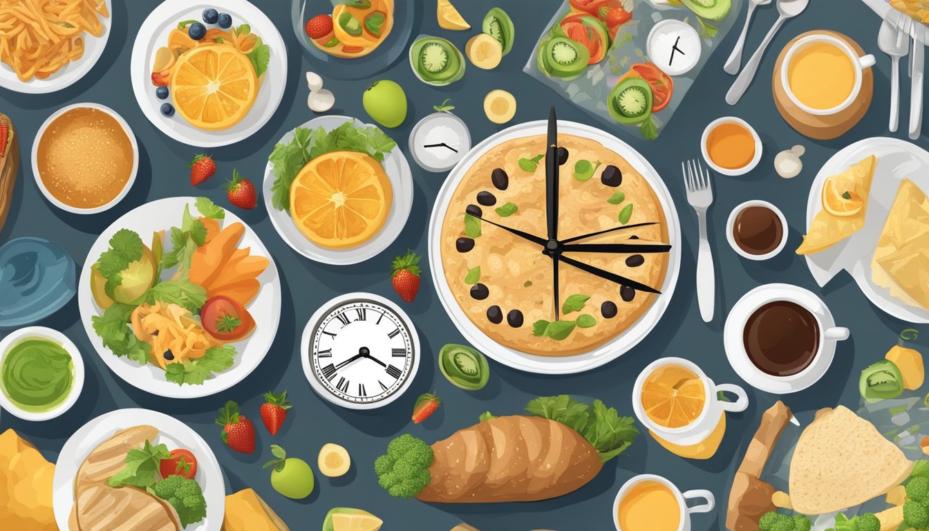 A table set with a clock showing different times, surrounded by various types of food and drink, representing the concept of intermittent fasting