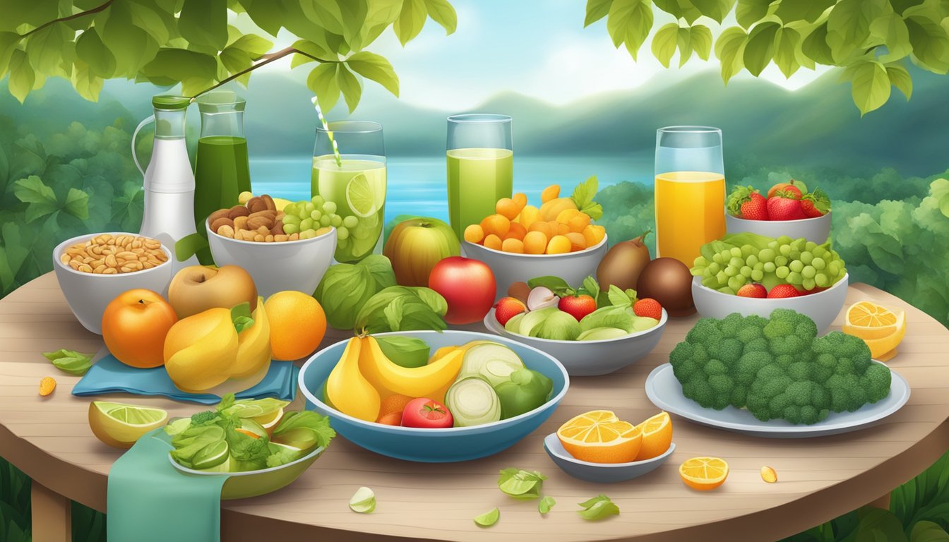 A table set with a variety of healthy foods and drinks, including fruits, vegetables, nuts, and water, surrounded by a serene natural setting