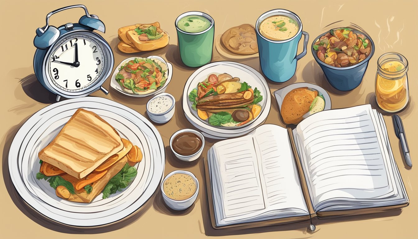 A table set with a clock showing different times, various food items, and an open journal with notes and meal plans