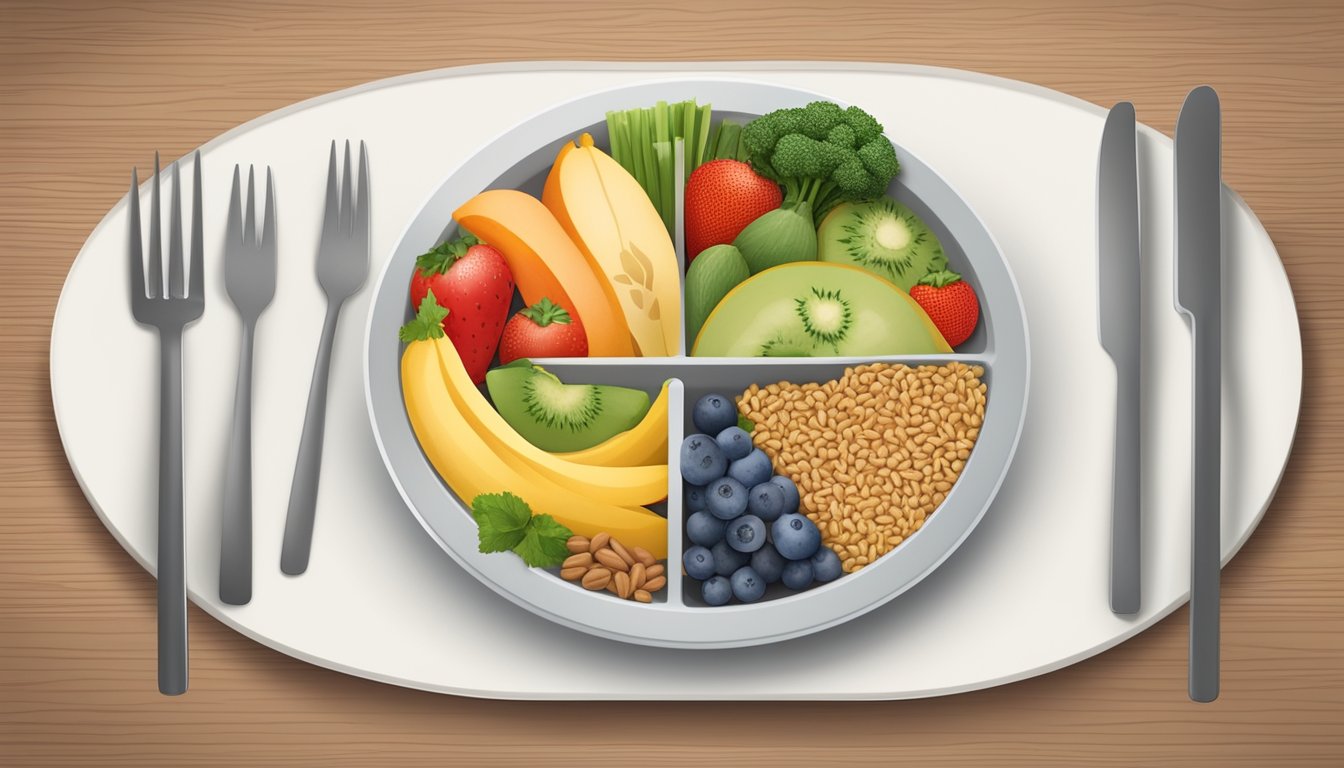 A plate filled with balanced portions of fruits, vegetables, lean proteins, and whole grains, surrounded by a clock showing the 6-hour eating window