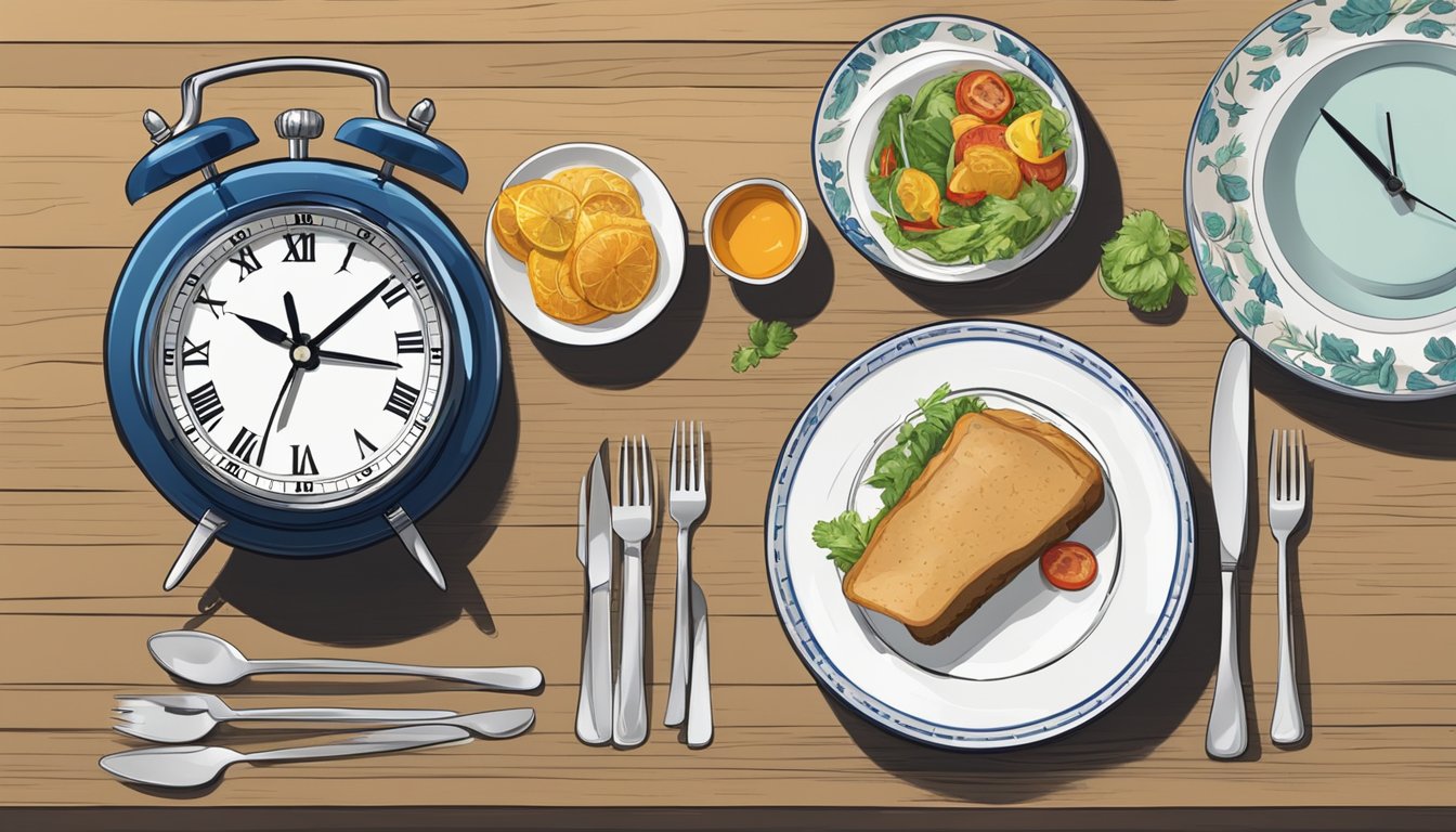 A clock on a table, surrounded by empty plates and a half-eaten meal