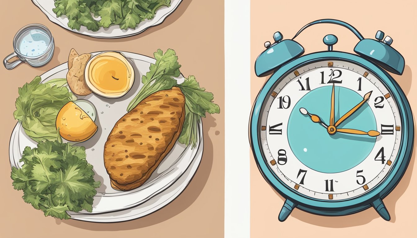 A clock showing 6 AM with a plate of food next to it, followed by a clock showing 6 PM with a glass of water next to it