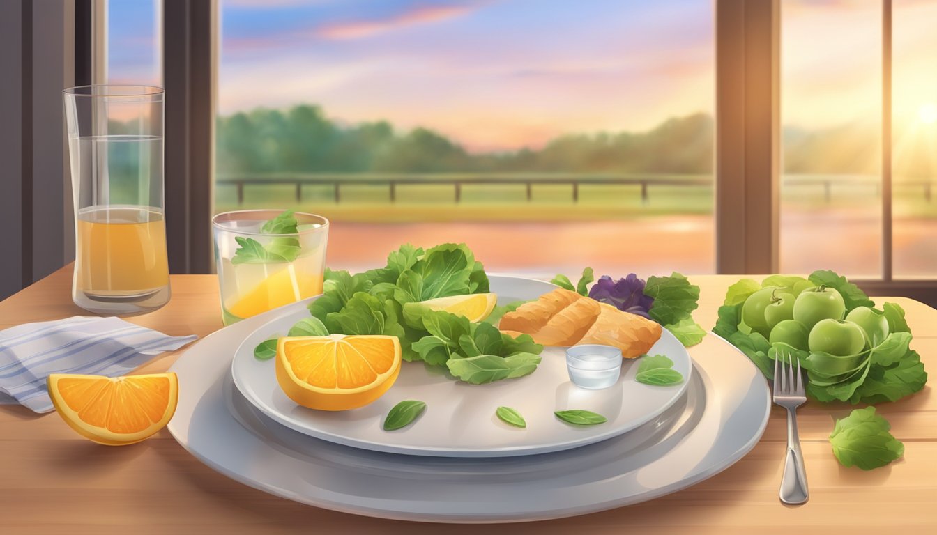 A clock showing 6 AM with an empty plate, surrounded by healthy food and a glass of water, set against a background of sunrise