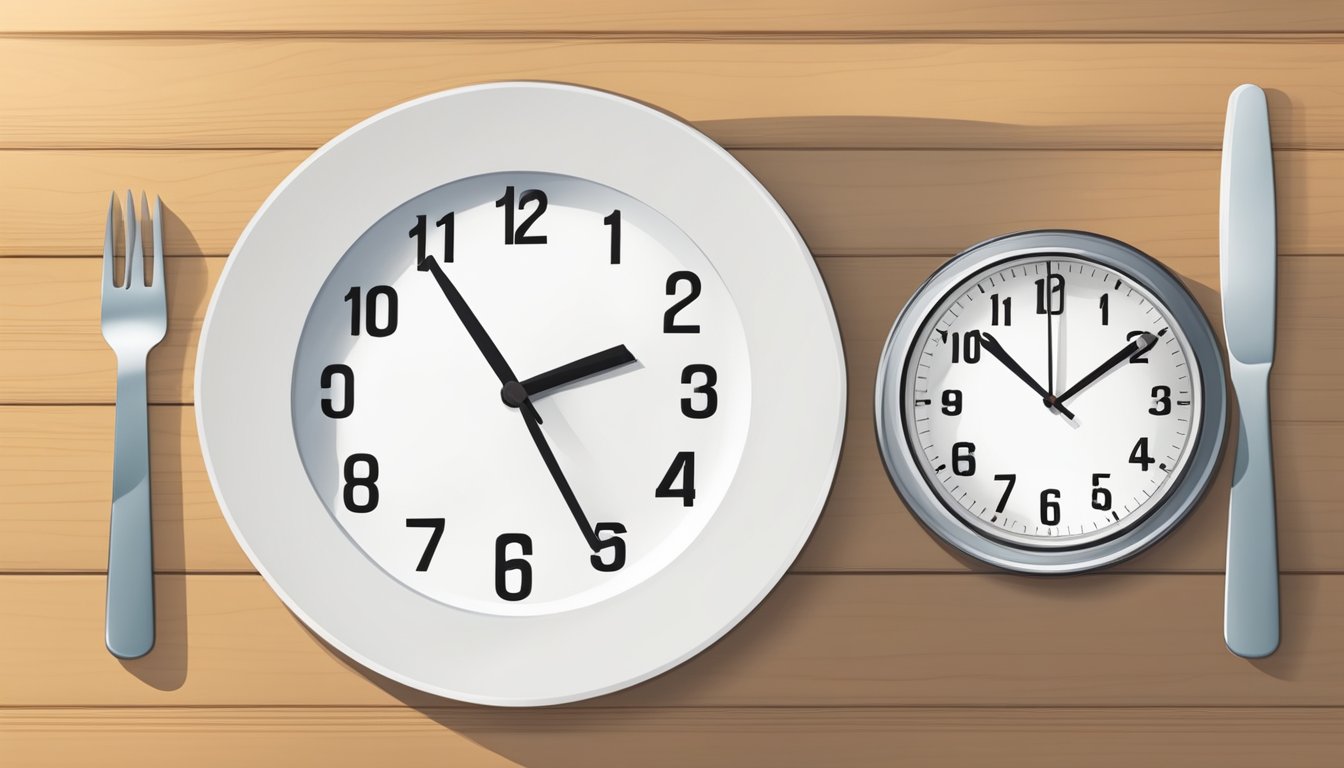 A clock showing 6 PM with an empty plate and a full plate side by side, symbolizing intermittent fasting