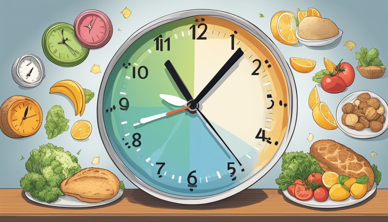 A clock showing different times of day with a plate of food next to it, representing the challenges and solutions of intermittent fasting