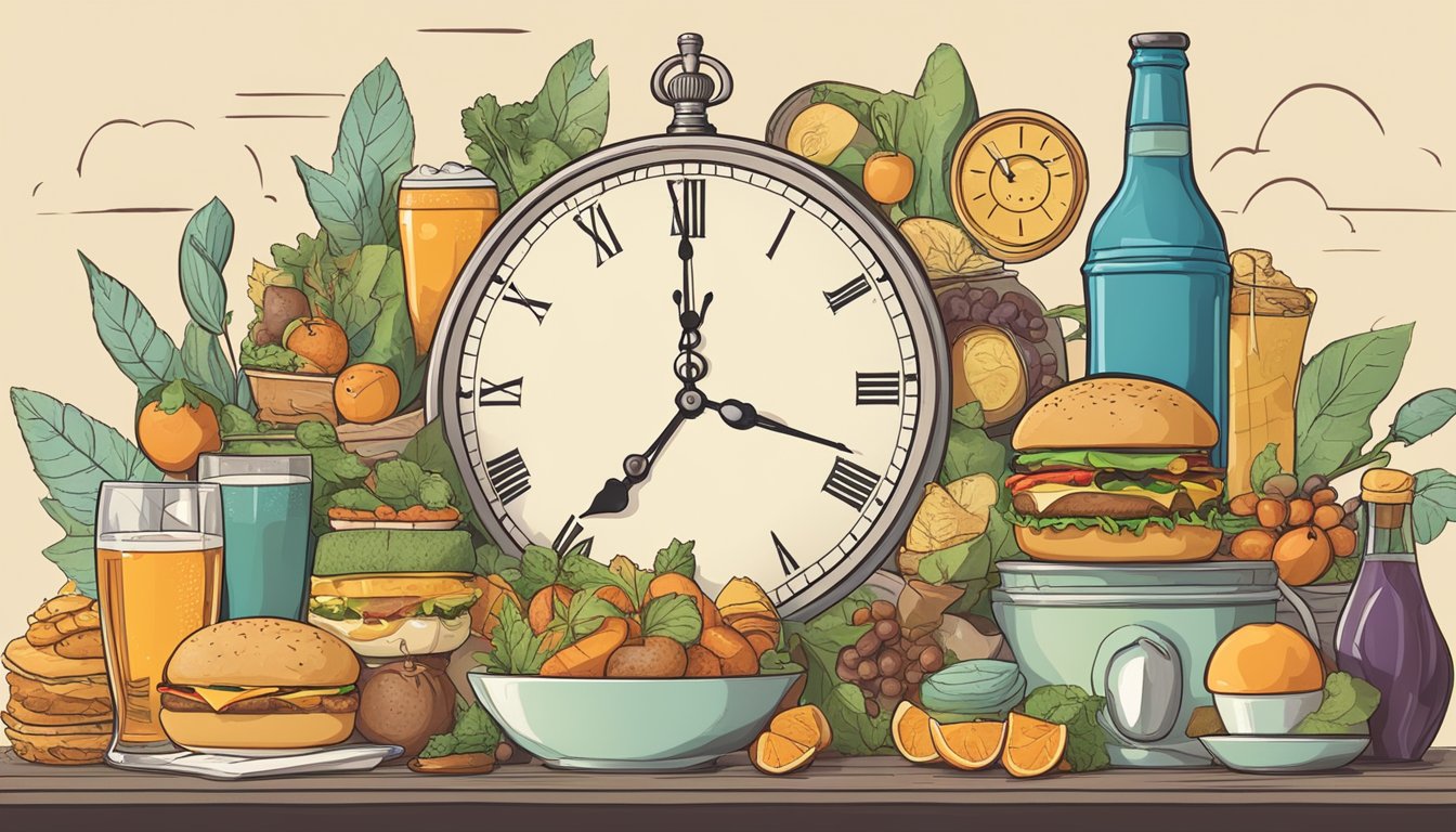 A clock showing different time intervals with food and drink items placed around it