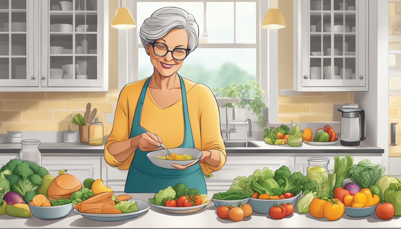 A woman over 50 preparing a balanced meal with a focus on whole foods and portion control, while following an intermittent fasting schedule