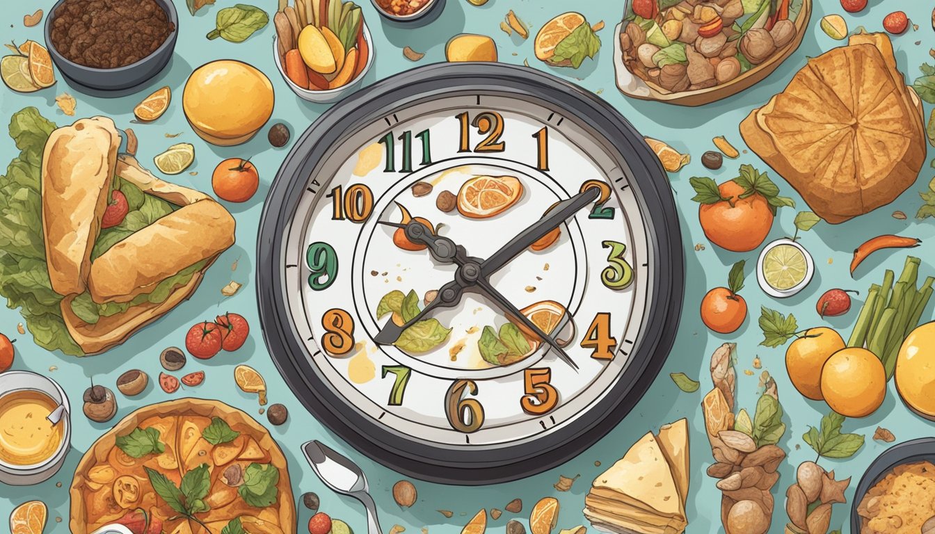 A clock surrounded by various types of food, with some portions left untouched while others are being consumed