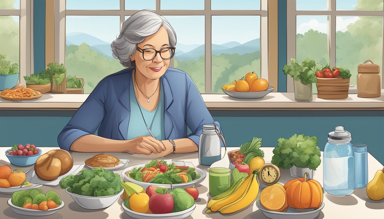 A woman over 50 sitting at a table with a variety of healthy food options, a water bottle, and a clock showing the fasting and eating windows