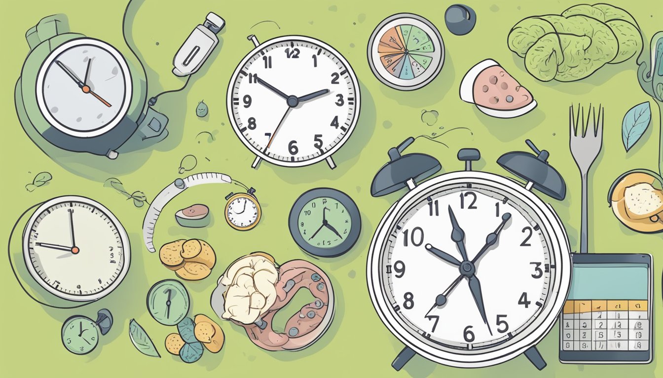 A clock showing specific eating and fasting times with various biomarker monitoring devices nearby