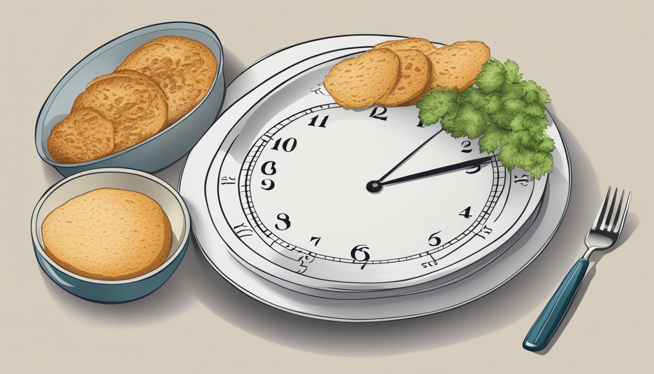 A clock showing 6 PM and a plate with food next to an empty plate