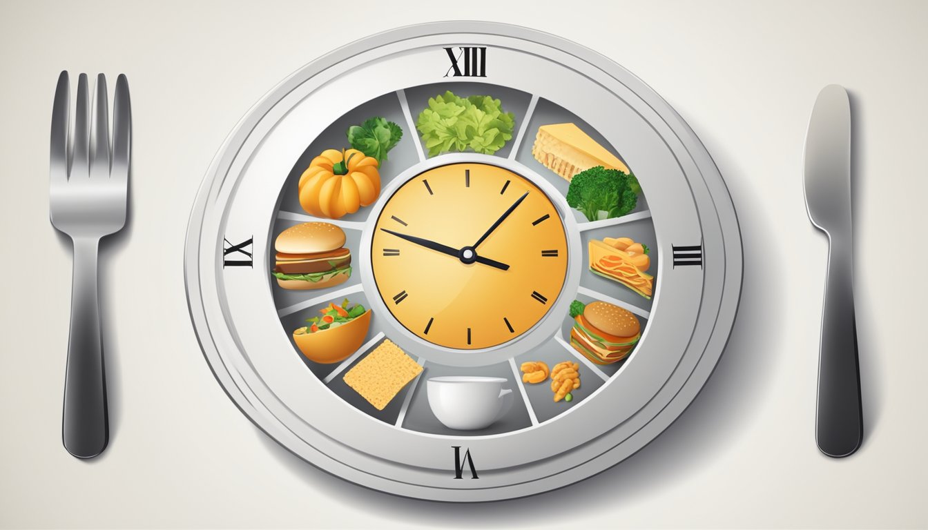 A clock showing different times throughout the day, with a plate of food and an empty plate to represent the fasting periods