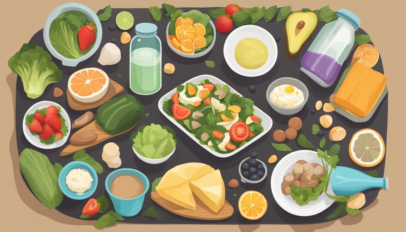 A table set with a variety of balanced, keto-friendly foods, surrounded by health and fitness-related items like a water bottle, weights, and a yoga mat